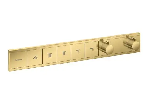 Thermostat-Armatur in Goldoptik von Hansgrohe mit Schaltflächen für verschiedene Wasserverbraucher und Temperaturregulierung.